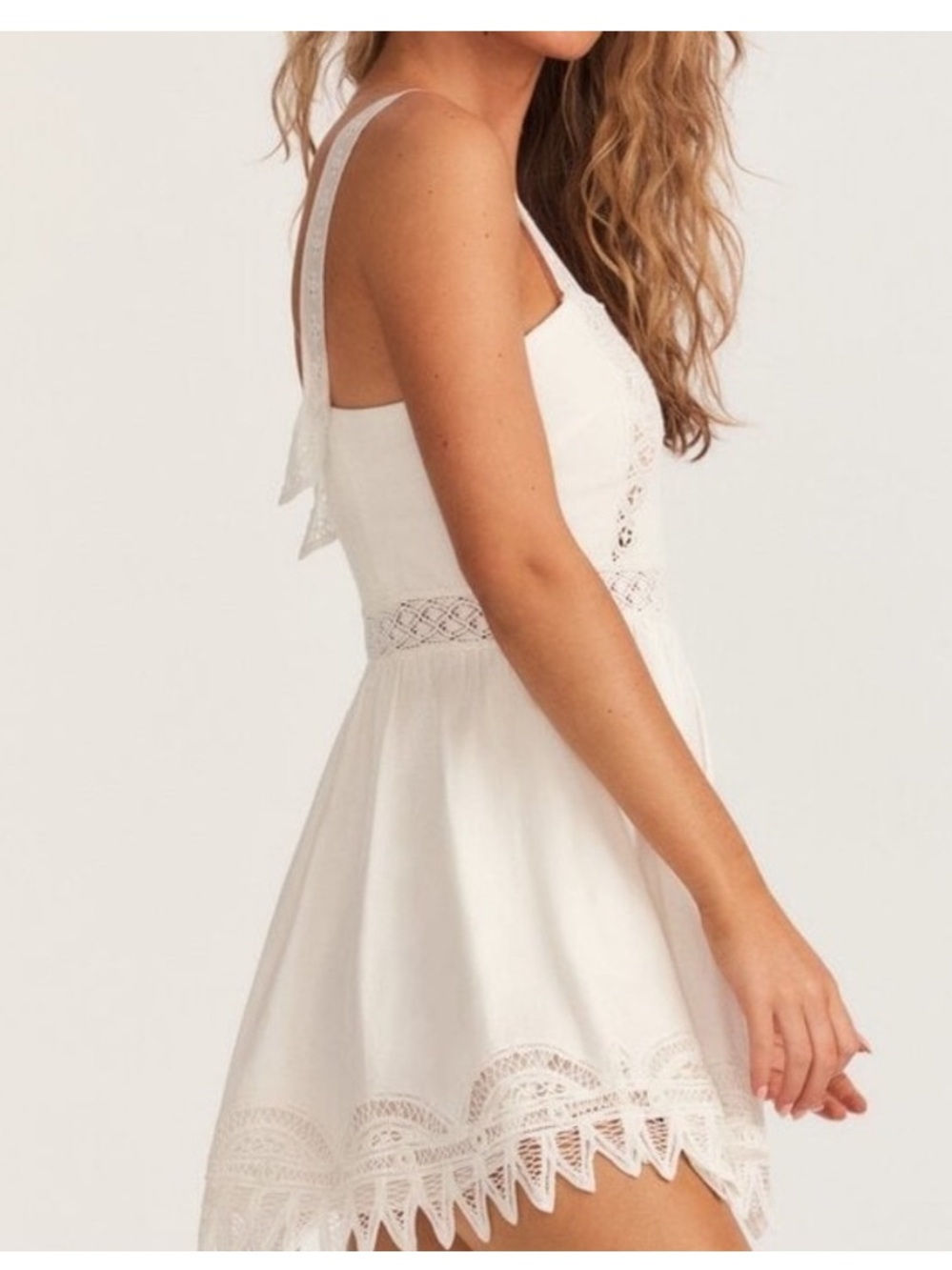 NWT White Eyelet Lace Mini Dress Cross Back Pockets Cottagecore Size Large. - Picture 7 of 14